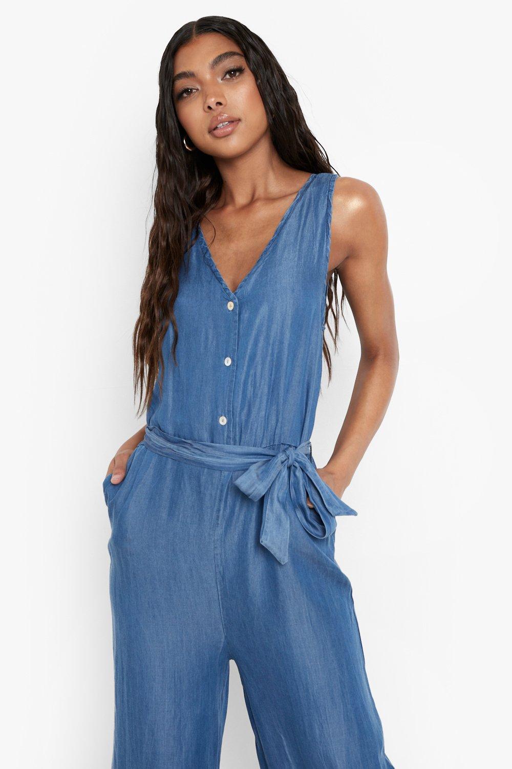 Denim jumpsuit tie store waist